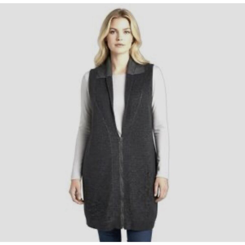 Eileen Fisher Gray Organic Cotton Long Full Zip Shawl Collar Vest Size Medium